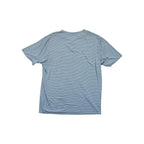 Blue striped henley shirt by Freefly, shown in a back view.