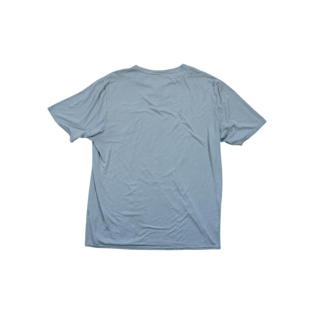 Blue striped henley shirt by Freefly, shown in a back view.