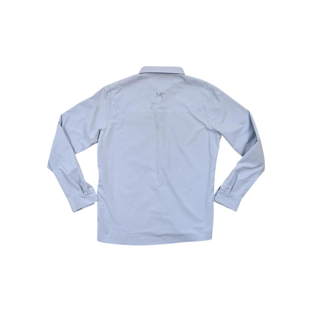 Blue long-sleeve shirt by Arcteryx with a button-down collar and the brand's logo at the upper back.