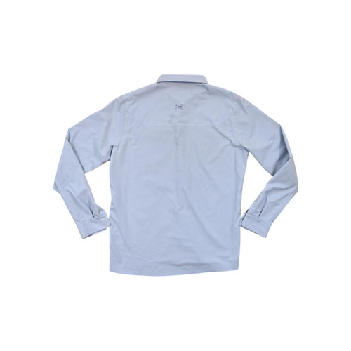 Blue long-sleeve shirt by Arcteryx with a button-down collar and the brand's logo at the upper back.