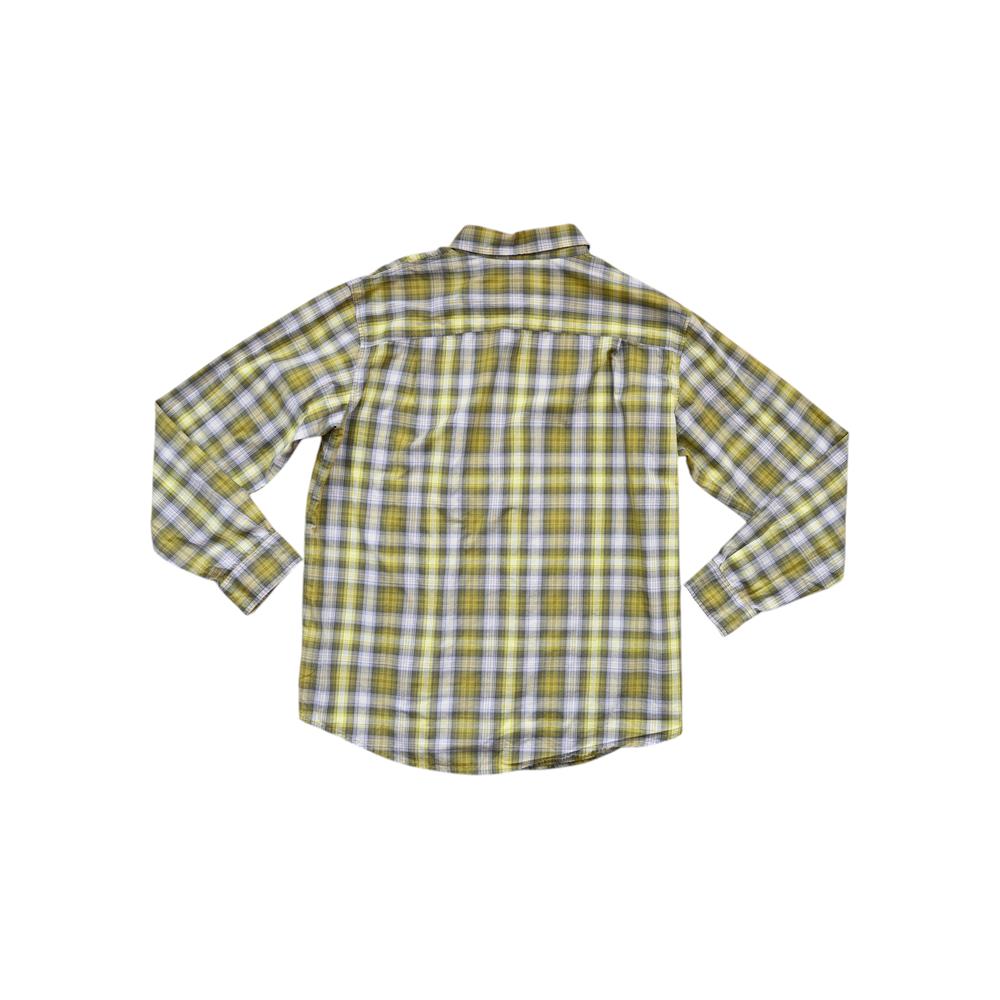 Green and yellow plaid long-sleeve shirt by Columbia with a buttoned collar.