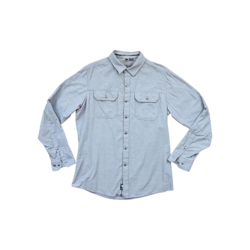 Gray long sleeve button-down shirt by Kuhl, with two chest pockets and buttoned cuffs.