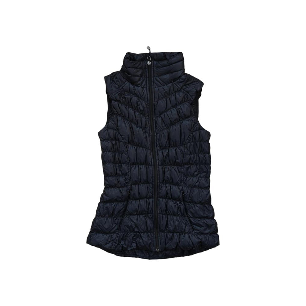 Black down vest for women by Athleta, with a quilted pattern and full zipper.