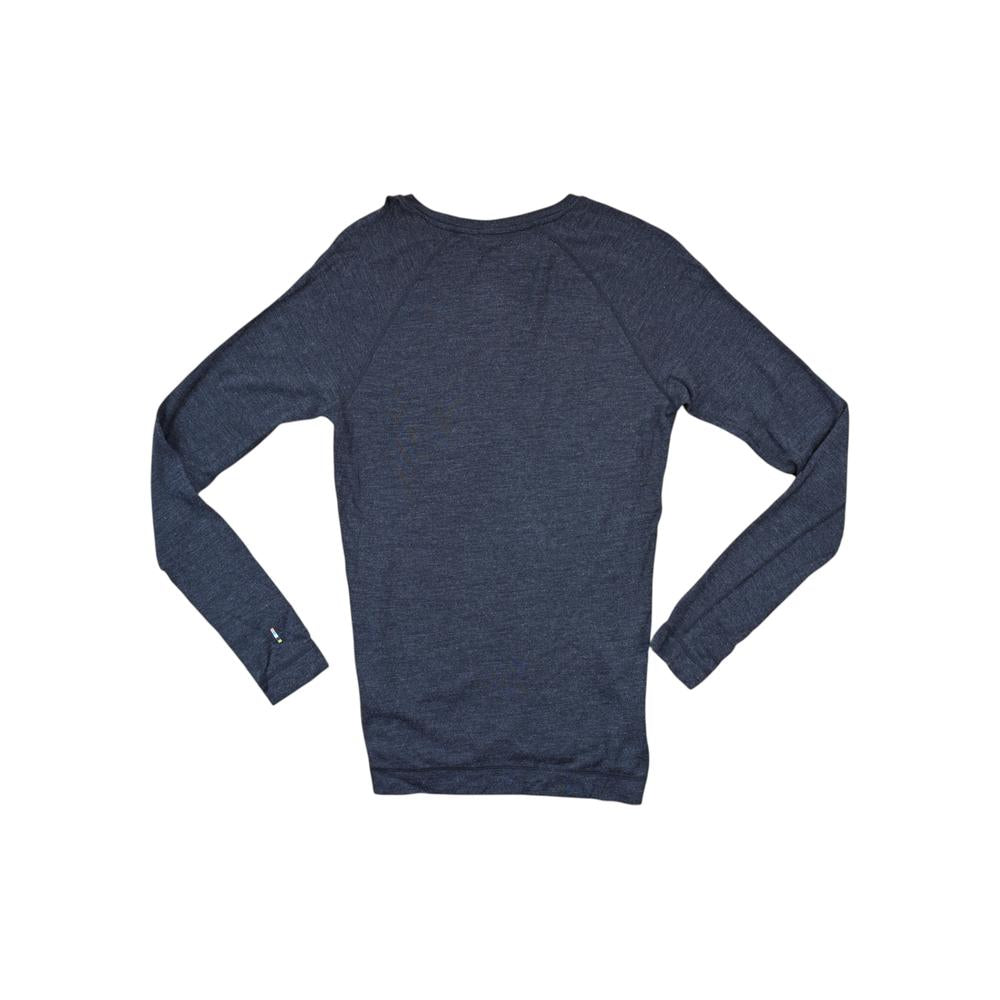 Gray baselayer shirt by Smartwool with long sleeves, seen from the back on a white background.