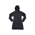 Black down insulated parka by North Face, shown from the back with a hood.