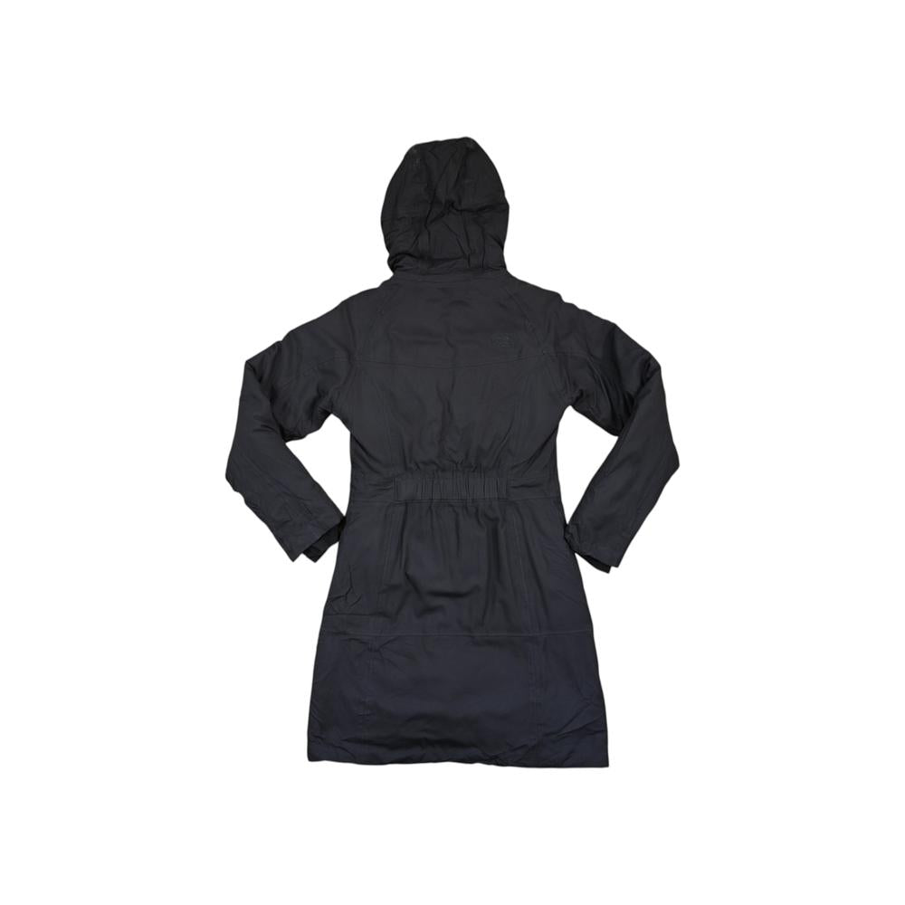 Black down insulated parka by North Face, shown from the back with a hood.