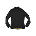 Black quarter-zip baselayer shirt by Smartwool, featuring a mottled pattern, and long sleeves with textured detailing.