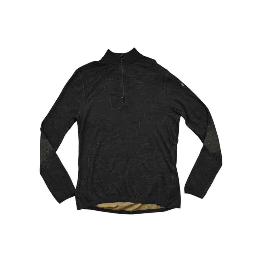 Black quarter-zip baselayer shirt by Smartwool, featuring a mottled pattern, and long sleeves with textured detailing.