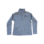 Grey quarter-zip fleece sweater by Patagonia, featuring a heathered knit texture.