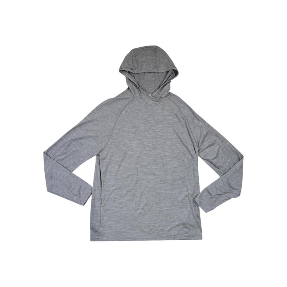 Gray hooded long sleeve shirt by Smartwool, displayed flat, with long raglan sleeves.