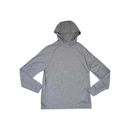 Gray hooded long sleeve shirt by Smartwool, displayed flat, with long raglan sleeves.