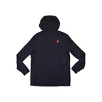 Black active hoodie by Stio, with long sleeves, a hood, and a small, red geometric logo on the upper back.