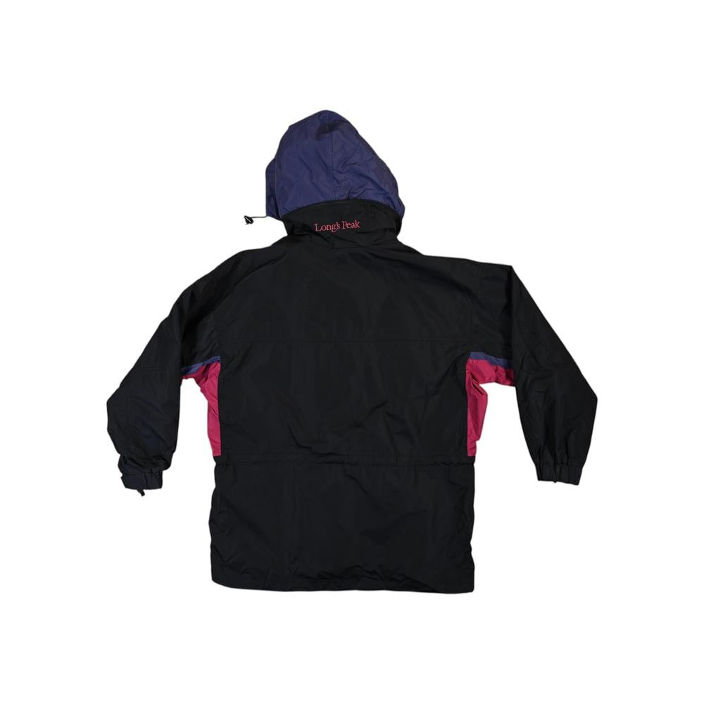 Black and pink ski shell jacket by Columbia, featuring a hood and long sleeves.