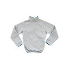 Gray fleece pullover by Patagonia with teal trim around the collar and sleeves.