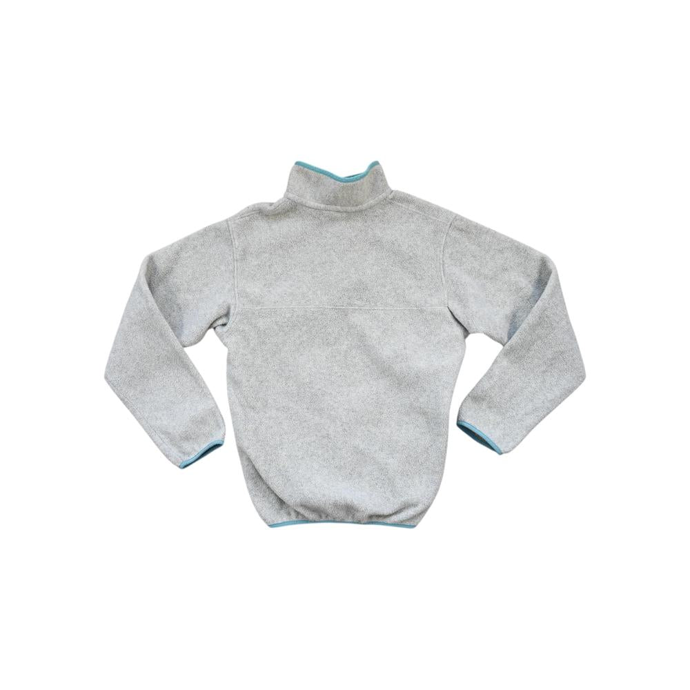 Gray fleece pullover by Patagonia with teal trim around the collar and sleeves.