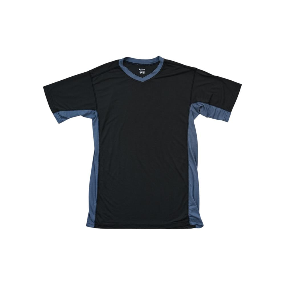 Grey and blue t-shirt by Columbia, with a v-neck and short sleeves.