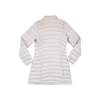 Cream insulated parka jacket by Patagonia, shown in a back view with horizontal quilting.