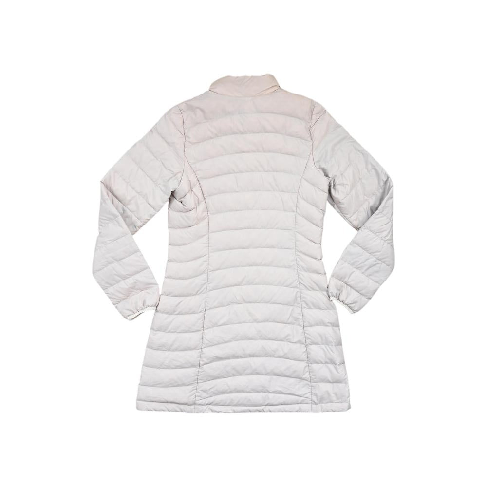 Cream insulated parka jacket by Patagonia, shown in a back view with horizontal quilting.