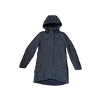 Grey insulated trench jacket by North Face with a hood and front pockets.