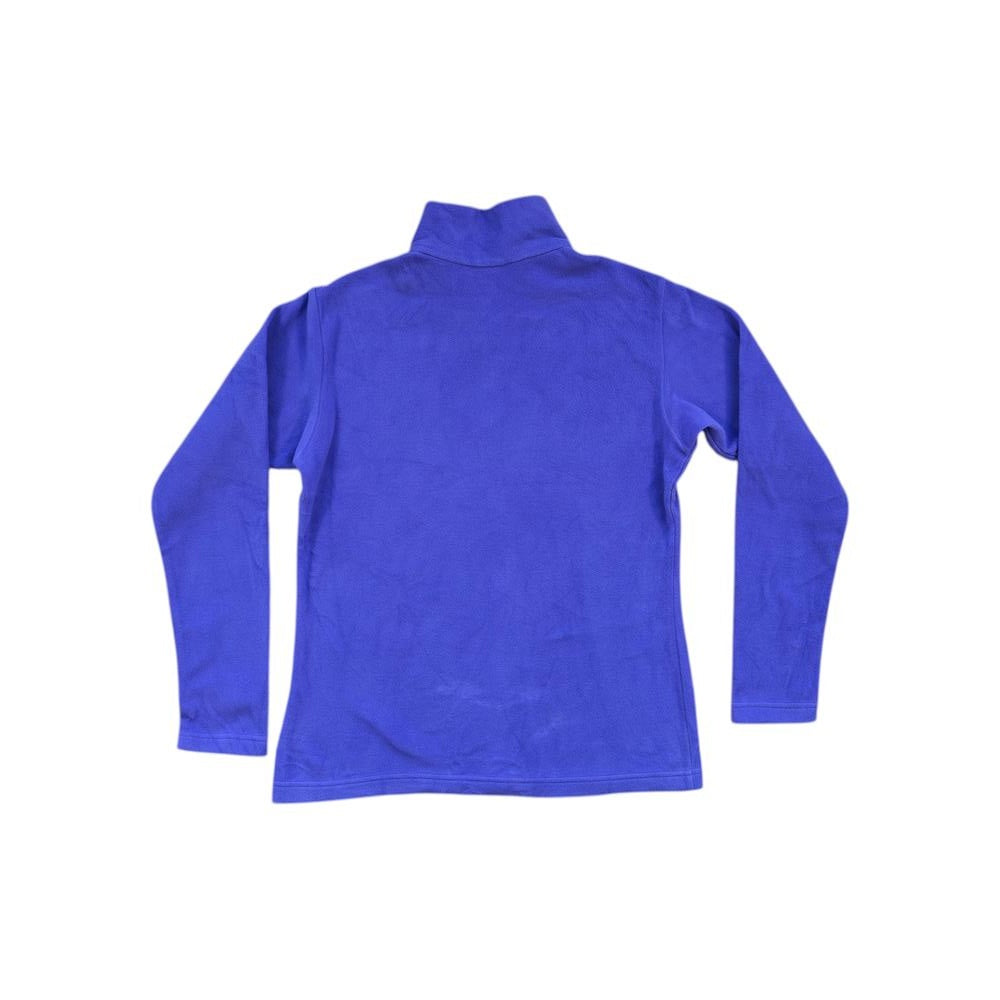 Purple fleece jacket by Patagonia with a quarter zip closure and long sleeves.