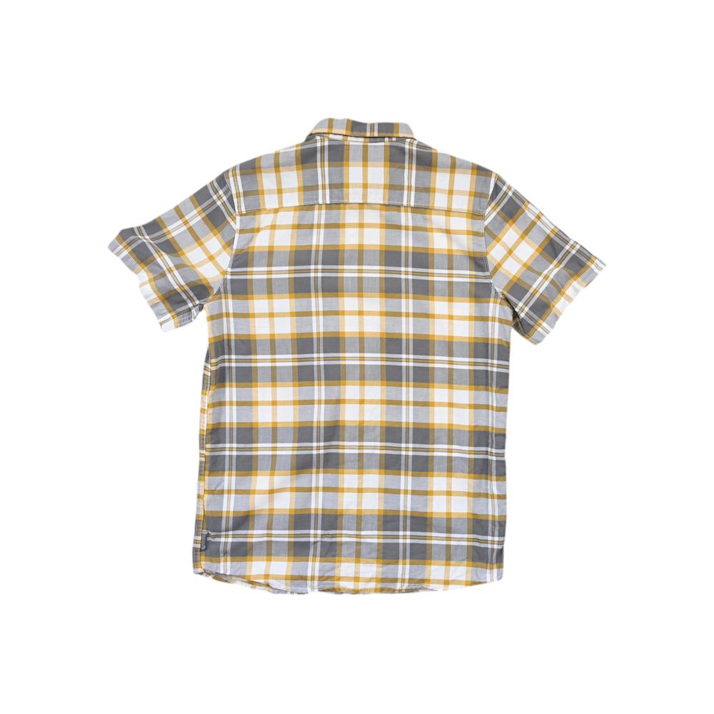 Short-sleeve button up shirt in yellow and gray by Mountain Hardwear, featuring a plaid pattern.