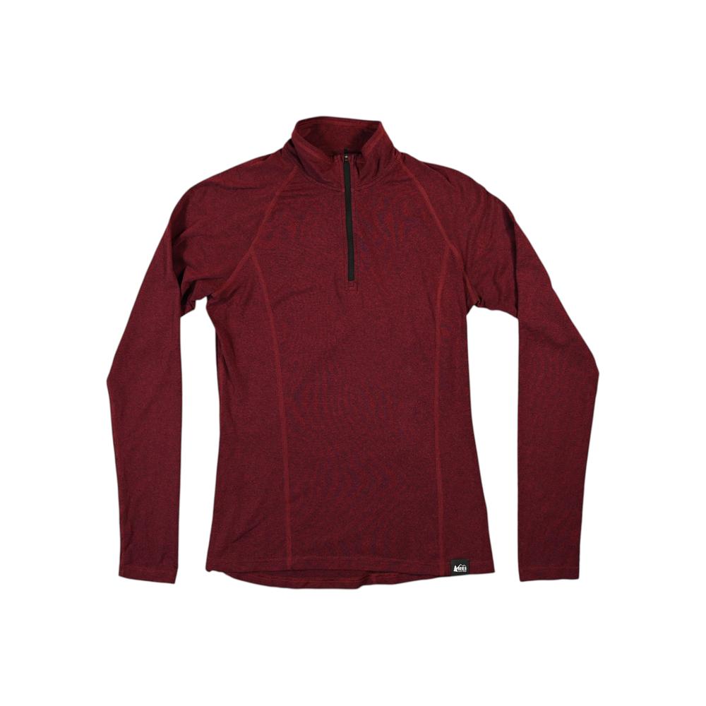 Red baselayer shirt with a quarter zip by REI, textured knit with long sleeves.