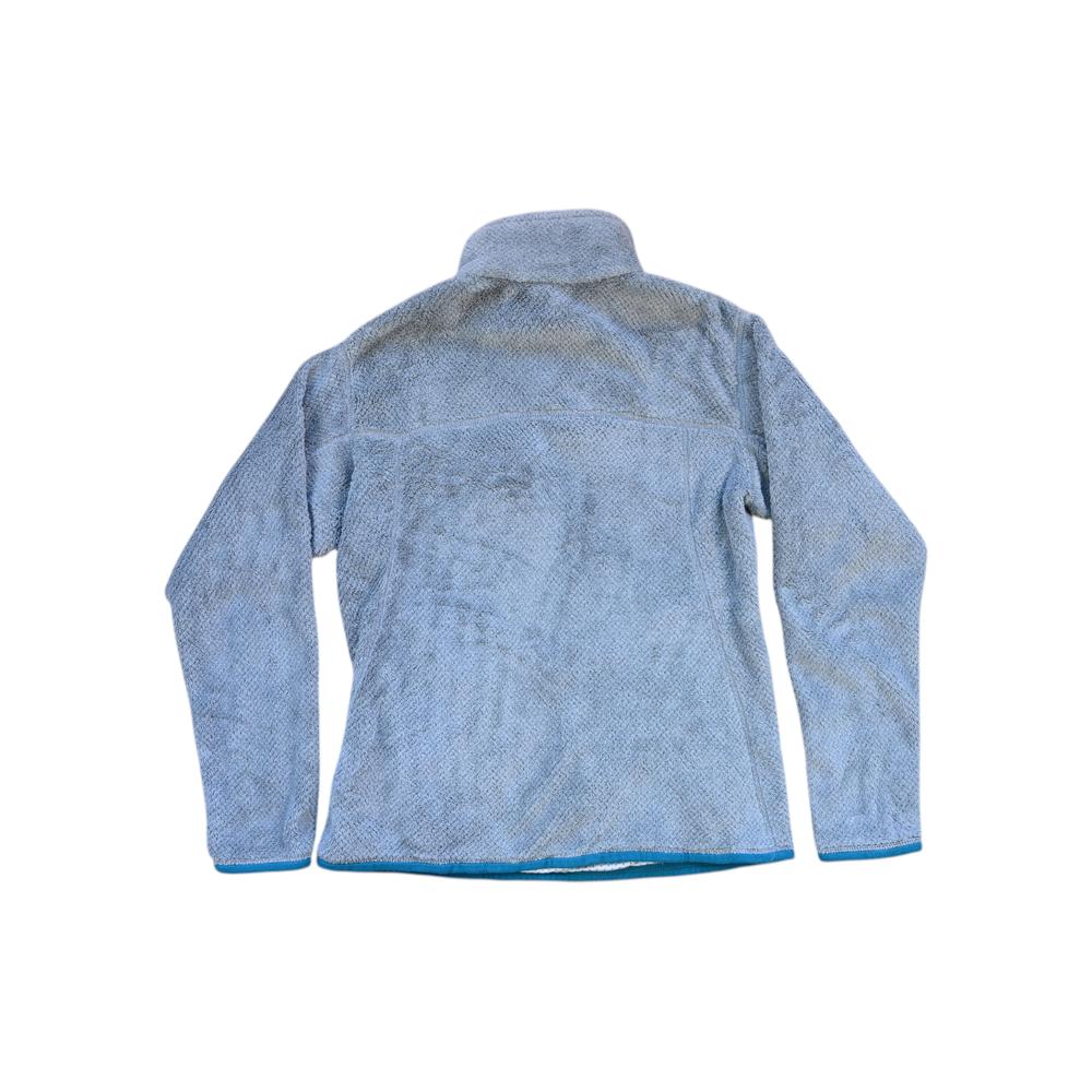 Grey fleece pullover by Patagonia with a textured surface and blue trim.