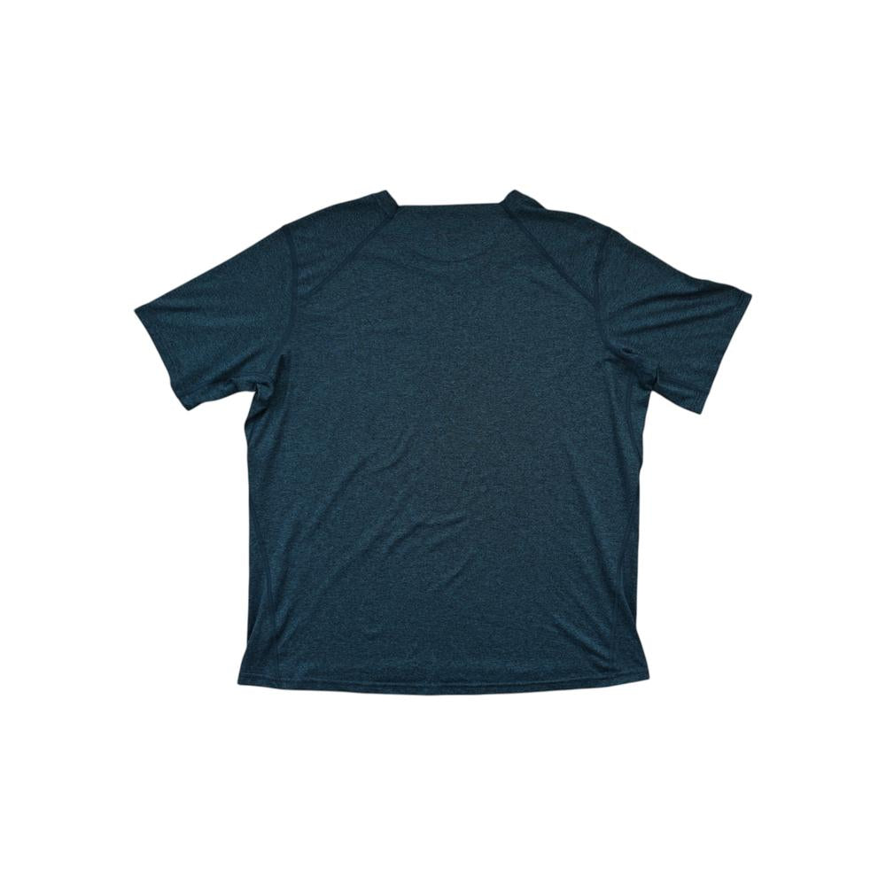 Blue active shirt by REI, short sleeves with a heathered texture, laid flat.
