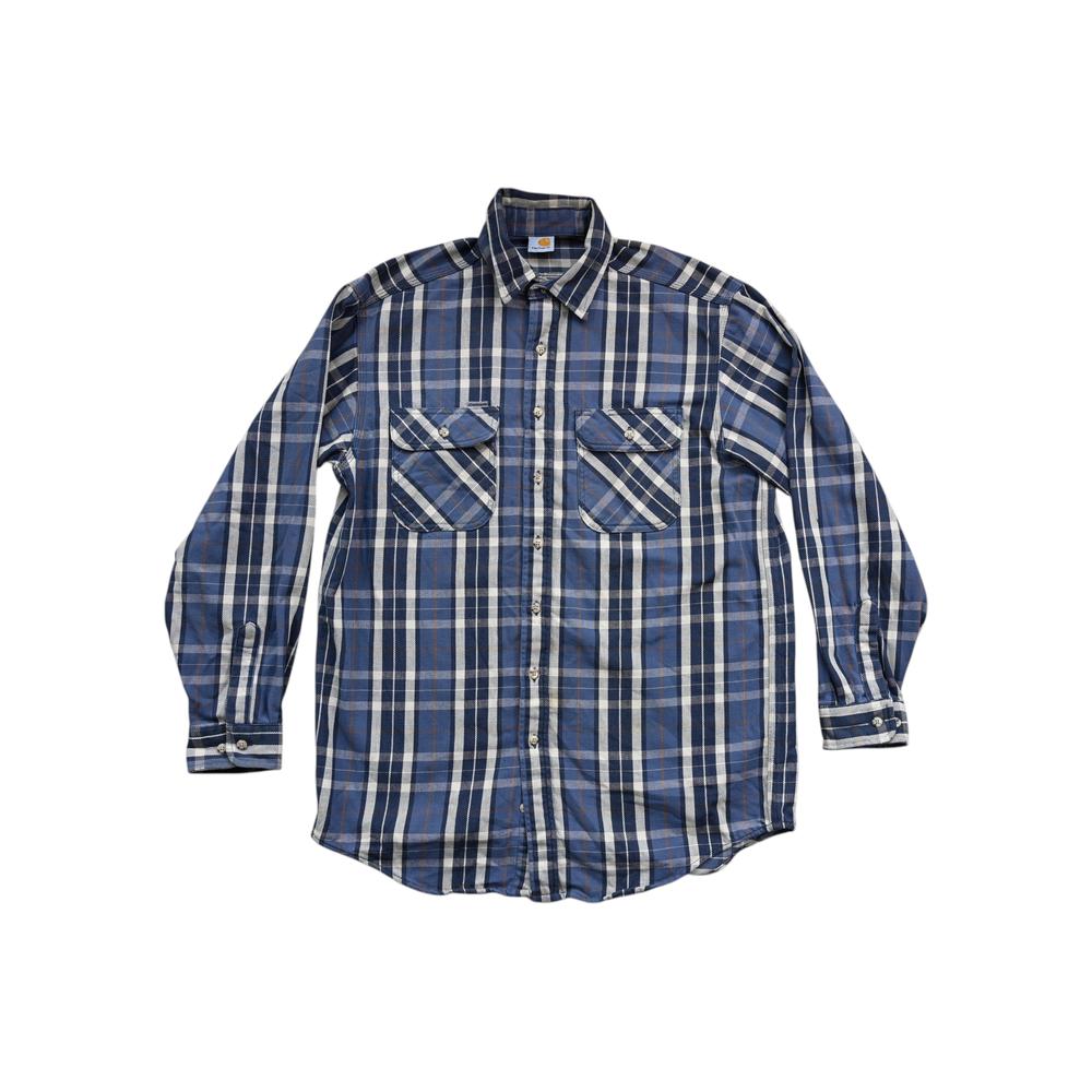 Blue plaid flannel long sleeve shirt by Carhartt with two chest pockets.