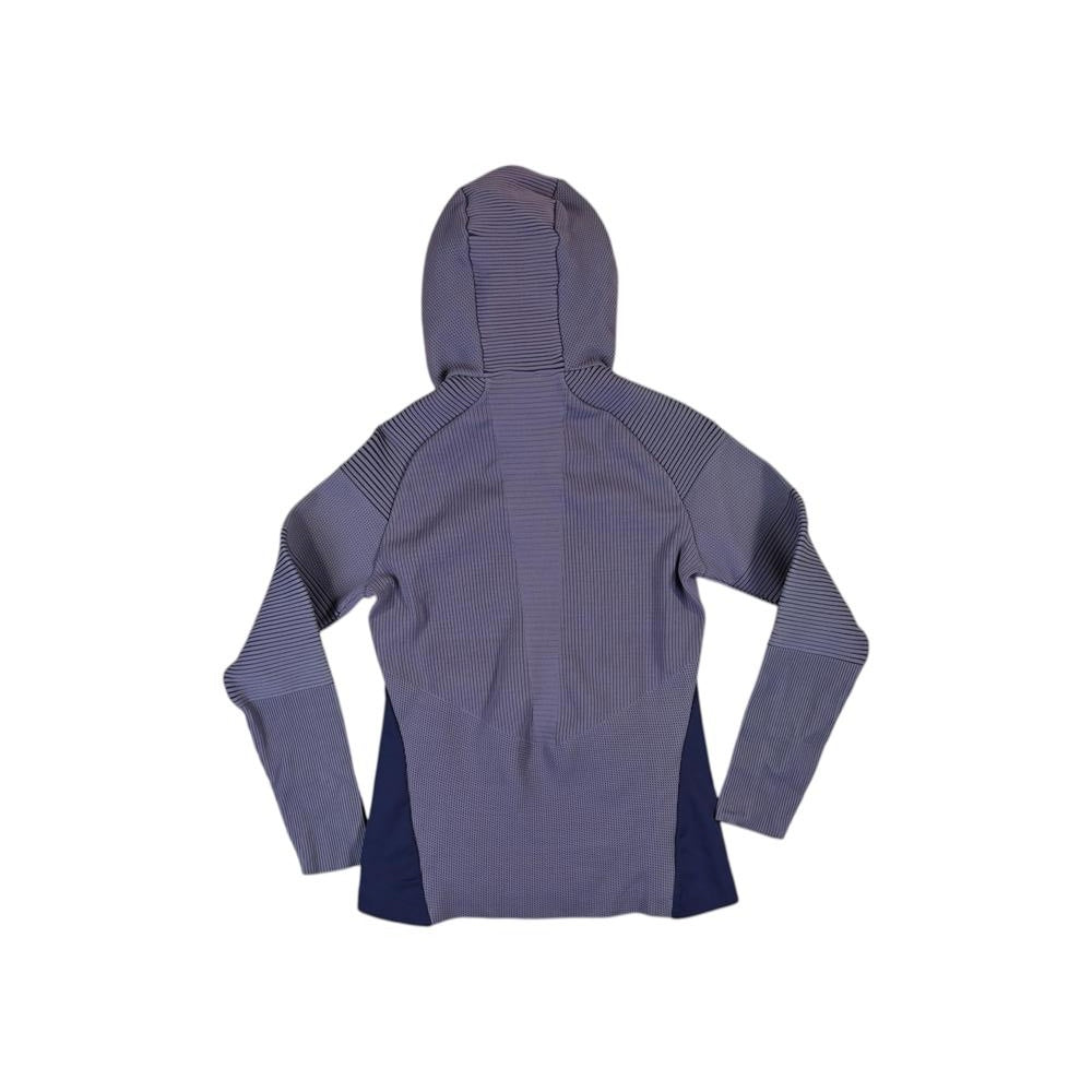 Purple fleece anorak jacket by Craft, featuring a knitted texture, long sleeves, and a hood, shown from the back.