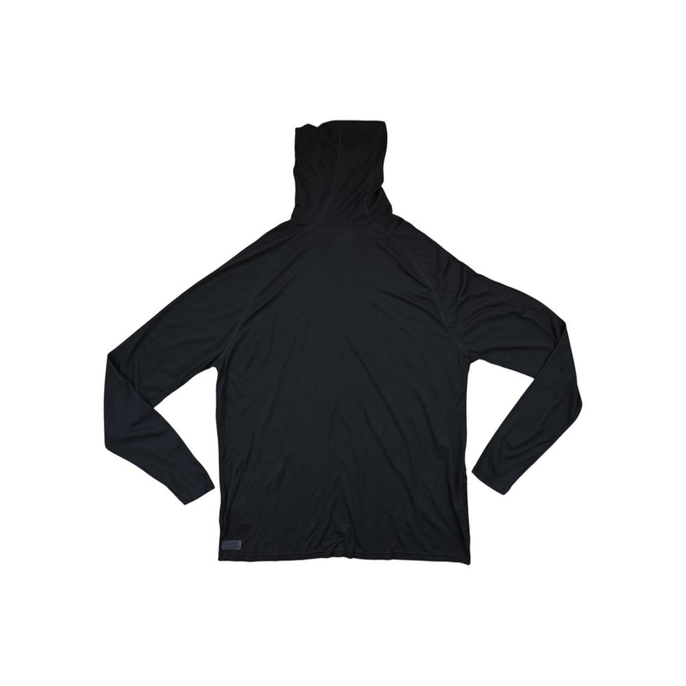 Black hoodie by Smartwool with long sleeves and attached hood.