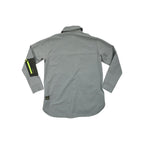Green grid fleece hiking overshirt by Lululemon with a black zipper pocket on one sleeve, back view.