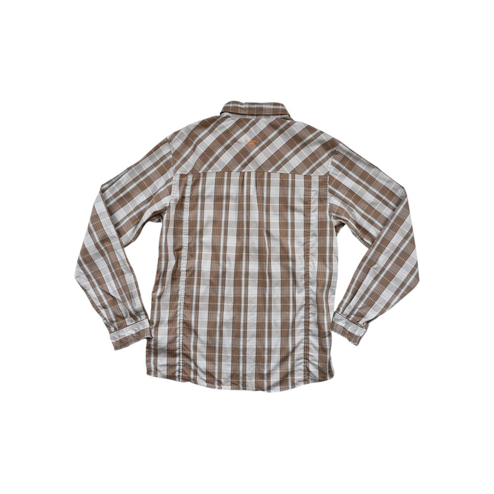 Brown and orange plaid shirt by Arcteryx with long sleeves, visible stitching, and lightweight material.