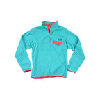 Teal fleece pullover by Patagonia featuring a snap-button placket, front pocket, and pink accents.