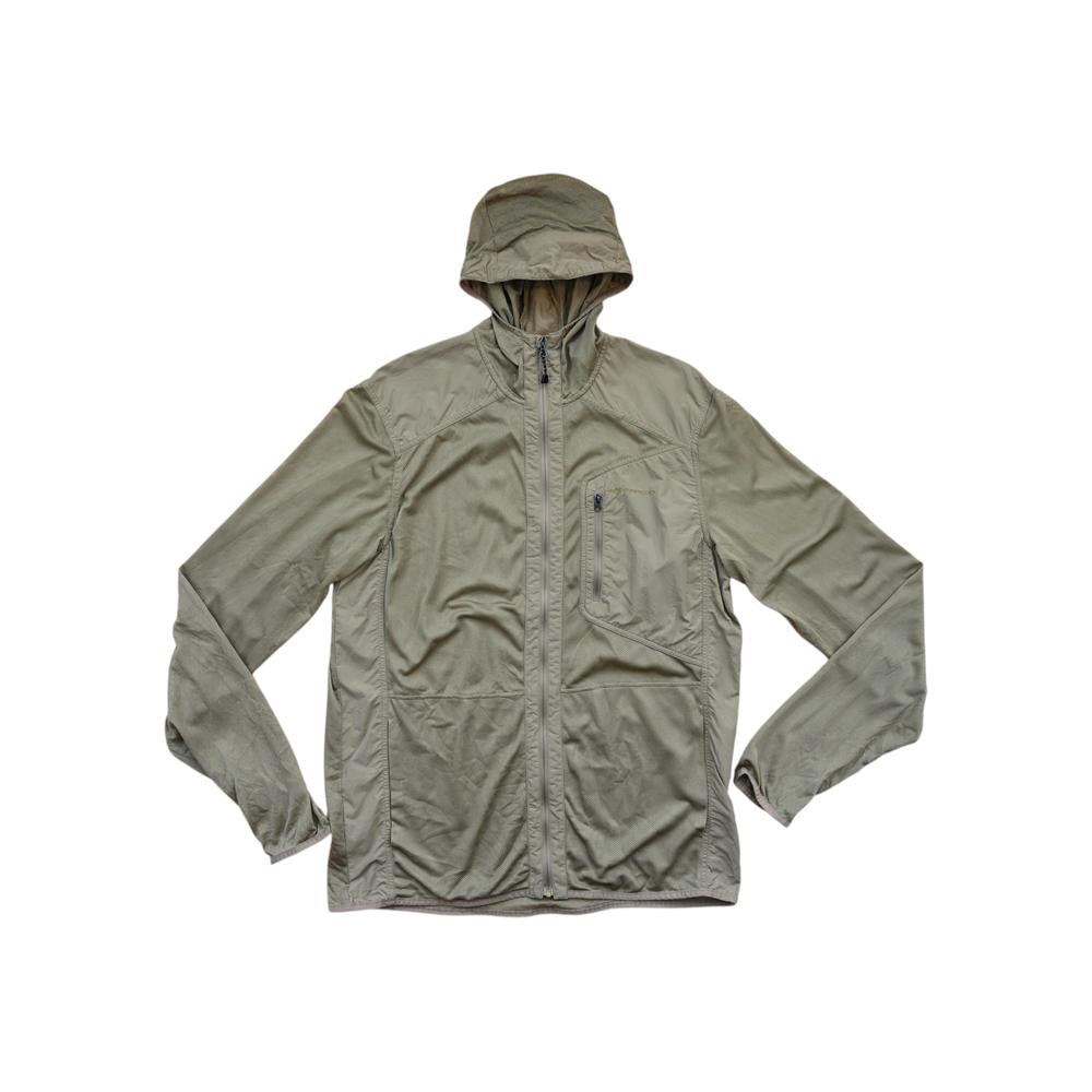 Brown hooded jacket by ExOfficio, featuring a zippered front and chest pocket.