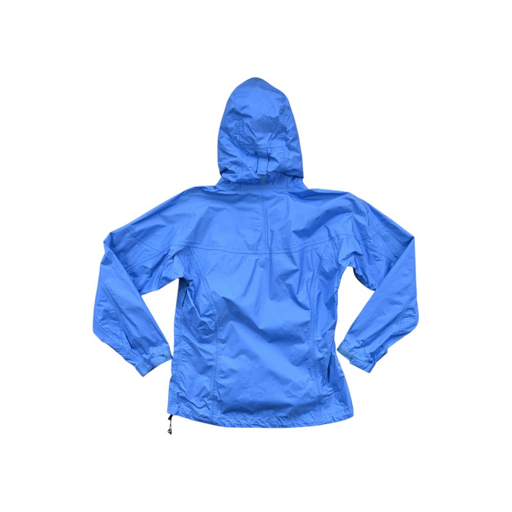 Blue rain shell jacket by Marmot with a hood, shown from the back.