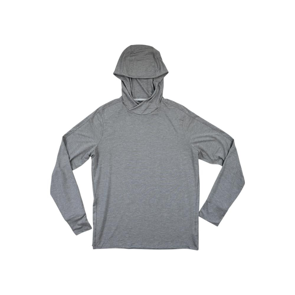 Grey sun hoodie shirt by REI with a hood and long sleeves, laying flat on a white background.