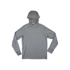 Grey sun hoodie shirt by REI with a hood and long sleeves, laying flat on a white background.