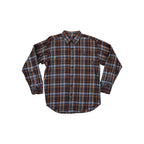 Plaid brown and blue long sleeve shirt by Patagonia with button down front.
