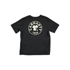 Black t-shirt by Carhartt, featuring a circular logo with text, a clover, and the year 1889.