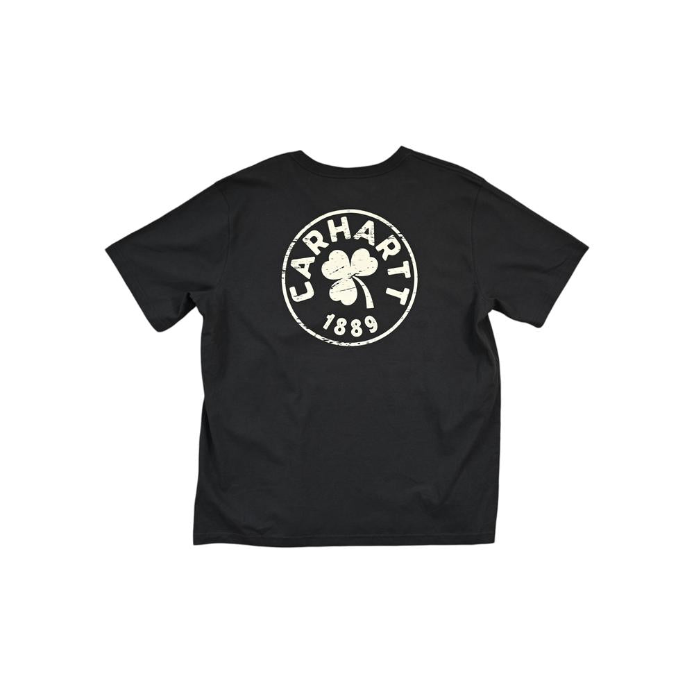 Black t-shirt by Carhartt, featuring a circular logo with text, a clover, and the year 1889.