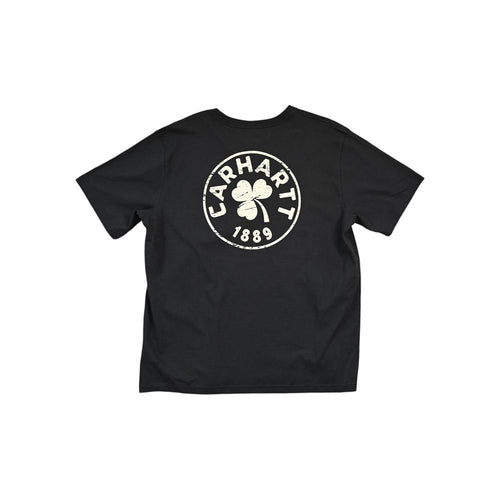 Black t-shirt by Carhartt, featuring a circular logo with text, a clover, and the year 1889.