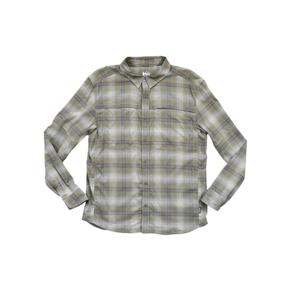 Green plaid hiking shirt by REI featuring long sleeves and button-down closure.