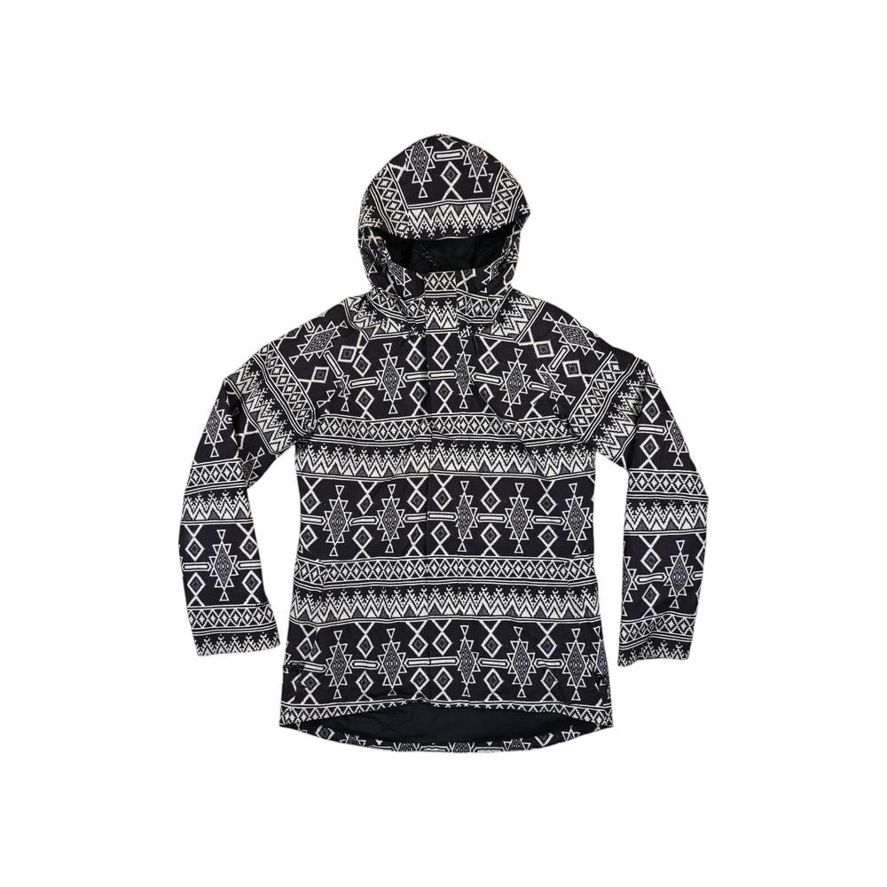 Black Gore-Tex ski jacket by Burton featuring a geometric tribal pattern and a hood.