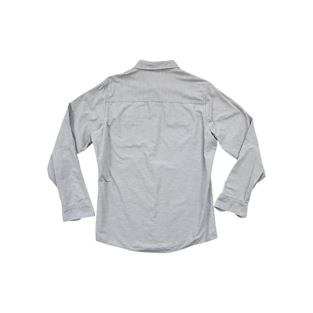 Grey long sleeve button down shirt by Kuhl, featuring a textured striped pattern.