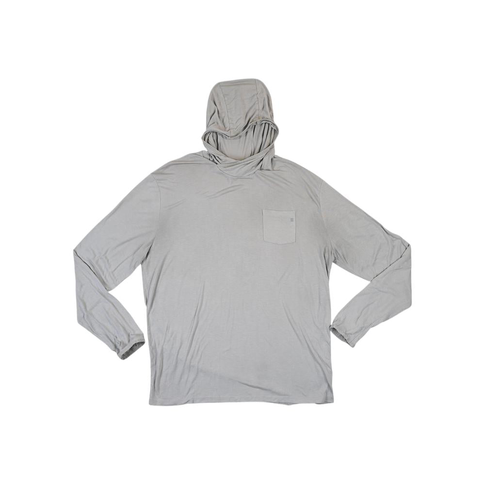 Grey sun hoodie by Freefly, featuring long sleeves and a chest pocket, laid flat on a white background.
