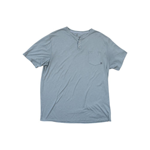 Blue henley shirt by Freefly with short sleeves and horizontal stripes, featuring a chest pocket.