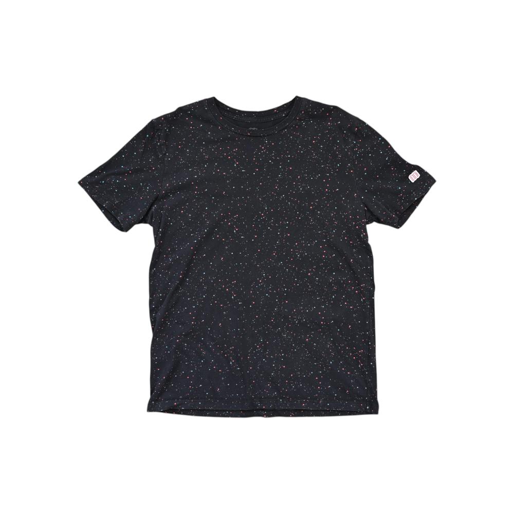 Black cosmos T-shirt by Topo Designs with speckle pattern.
