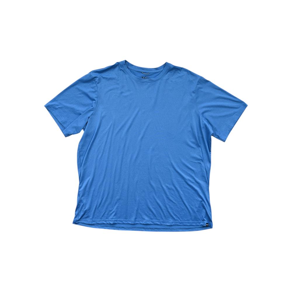 Blue short sleeve shirt by REI, laid flat on a white background.