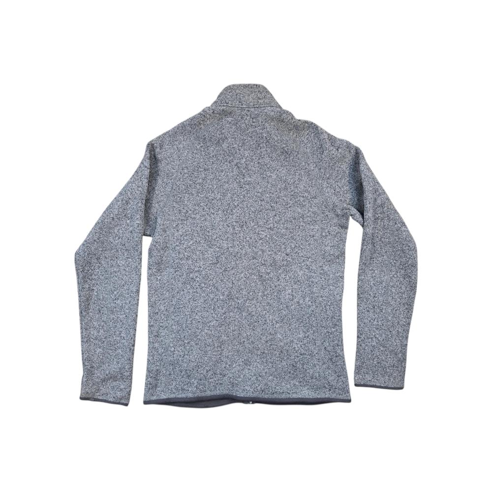 Gray fleece jacket by Patagonia, shown in a back view with a heathered texture.